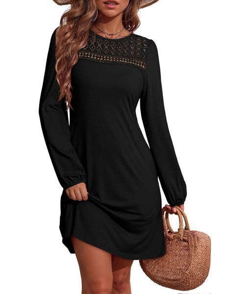 Dokotoo Fall Dresses for Women 2025 Crew Neck Long Sleeve A Line Shift Dress Solid Color Loose Fit Mini Dress