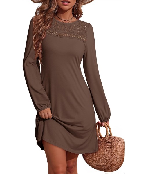 Dokotoo Fall Dresses for Women 2025 Crew Neck Long Sleeve A Line Shift Dress Solid Color Loose Fit Mini Dress