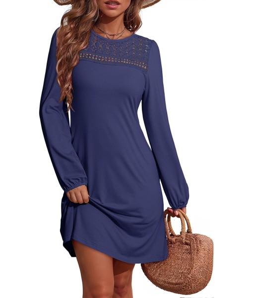 Dokotoo Fall Dresses for Women 2025 Crew Neck Long Sleeve A Line Shift Dress Solid Color Loose Fit Mini Dress