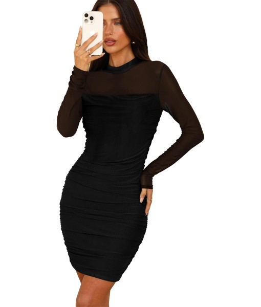 WIHOLL Women's Mesh Sheer Long Sleeve Ruched Mini Dress Sexy Bodycon Mock Neck Cocktail Party Club Dresses 2025