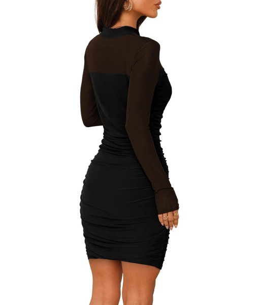 WIHOLL Women's Mesh Sheer Long Sleeve Ruched Mini Dress Sexy Bodycon Mock Neck Cocktail Party Club Dresses 2025