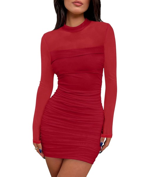 WIHOLL Women's Mesh Sheer Long Sleeve Ruched Mini Dress Sexy Bodycon Mock Neck Cocktail Party Club Dresses 2025