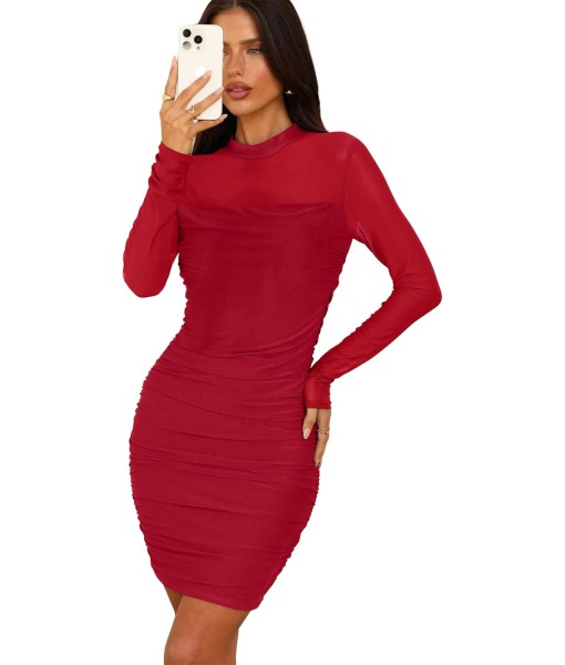 WIHOLL Women's Mesh Sheer Long Sleeve Ruched Mini Dress Sexy Bodycon Mock Neck Cocktail Party Club Dresses 2025