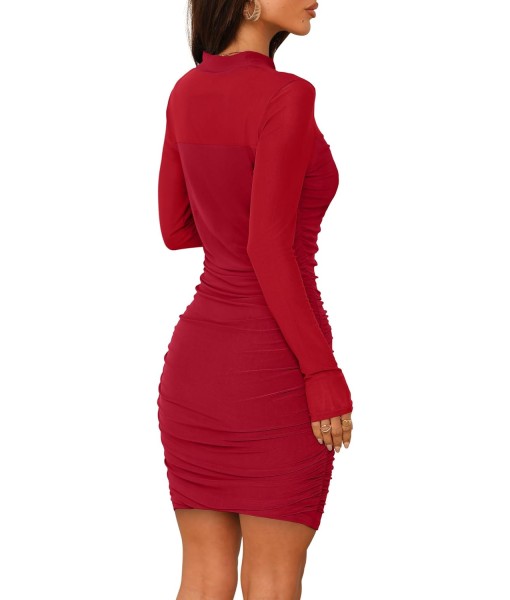 WIHOLL Women's Mesh Sheer Long Sleeve Ruched Mini Dress Sexy Bodycon Mock Neck Cocktail Party Club Dresses 2025