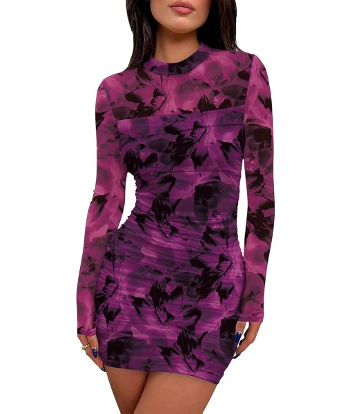 WIHOLL Women's Mesh Sheer Long Sleeve Ruched Mini Dress Sexy Bodycon Mock Neck Cocktail Party Club Dresses 2025