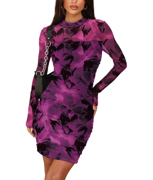 WIHOLL Women's Mesh Sheer Long Sleeve Ruched Mini Dress Sexy Bodycon Mock Neck Cocktail Party Club Dresses 2025