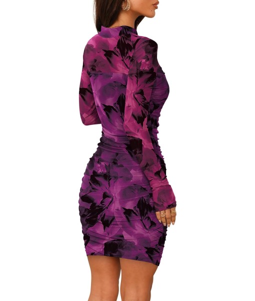 WIHOLL Women's Mesh Sheer Long Sleeve Ruched Mini Dress Sexy Bodycon Mock Neck Cocktail Party Club Dresses 2025