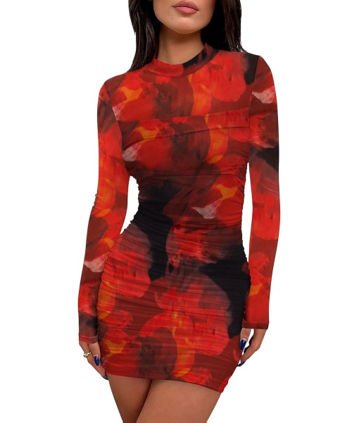 WIHOLL Women's Mesh Sheer Long Sleeve Ruched Mini Dress Sexy Bodycon Mock Neck Cocktail Party Club Dresses 2025