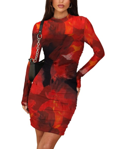 WIHOLL Women's Mesh Sheer Long Sleeve Ruched Mini Dress Sexy Bodycon Mock Neck Cocktail Party Club Dresses 2025