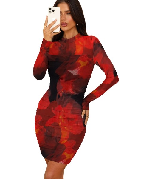 WIHOLL Women's Mesh Sheer Long Sleeve Ruched Mini Dress Sexy Bodycon Mock Neck Cocktail Party Club Dresses 2025