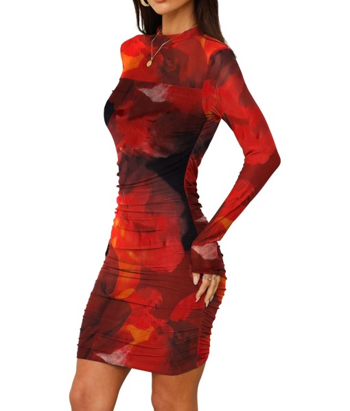 WIHOLL Women's Mesh Sheer Long Sleeve Ruched Mini Dress Sexy Bodycon Mock Neck Cocktail Party Club Dresses 2025