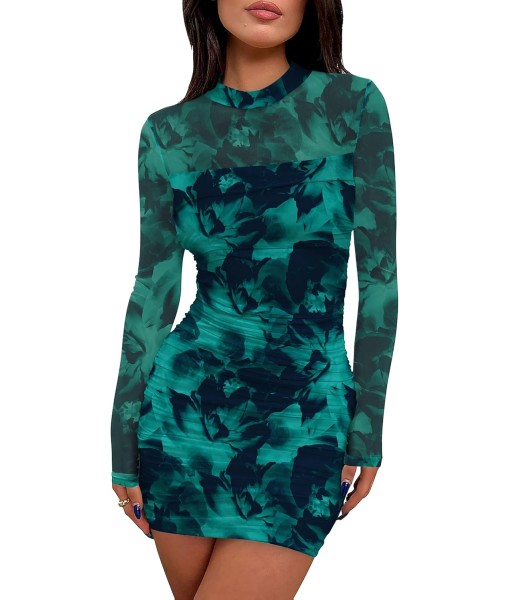 WIHOLL Women's Mesh Sheer Long Sleeve Ruched Mini Dress Sexy Bodycon Mock Neck Cocktail Party Club Dresses 2025