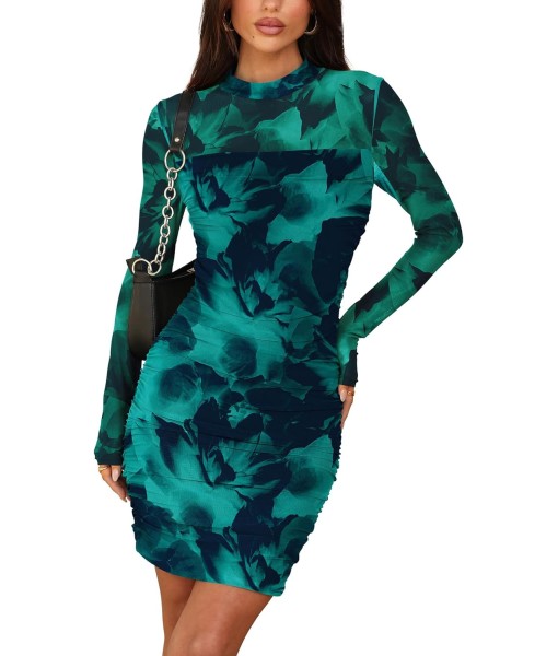 WIHOLL Women's Mesh Sheer Long Sleeve Ruched Mini Dress Sexy Bodycon Mock Neck Cocktail Party Club Dresses 2025