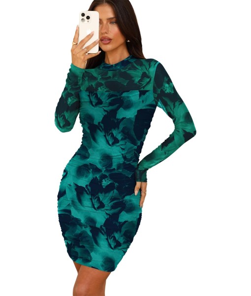 WIHOLL Women's Mesh Sheer Long Sleeve Ruched Mini Dress Sexy Bodycon Mock Neck Cocktail Party Club Dresses 2025