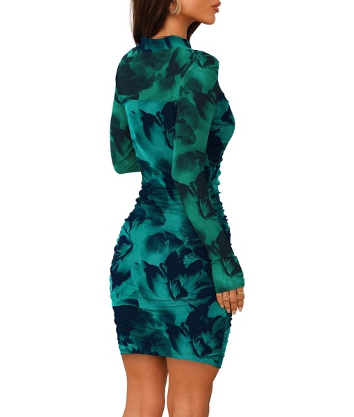 WIHOLL Women's Mesh Sheer Long Sleeve Ruched Mini Dress Sexy Bodycon Mock Neck Cocktail Party Club Dresses 2025