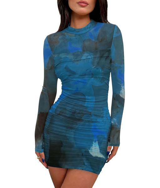 WIHOLL Women's Mesh Sheer Long Sleeve Ruched Mini Dress Sexy Bodycon Mock Neck Cocktail Party Club Dresses 2025