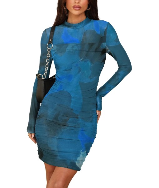 WIHOLL Women's Mesh Sheer Long Sleeve Ruched Mini Dress Sexy Bodycon Mock Neck Cocktail Party Club Dresses 2025