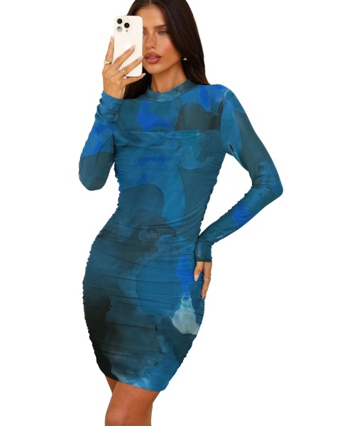 WIHOLL Women's Mesh Sheer Long Sleeve Ruched Mini Dress Sexy Bodycon Mock Neck Cocktail Party Club Dresses 2025