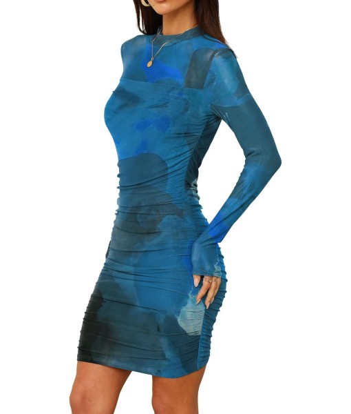 WIHOLL Women's Mesh Sheer Long Sleeve Ruched Mini Dress Sexy Bodycon Mock Neck Cocktail Party Club Dresses 2025