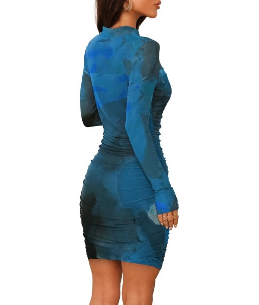 WIHOLL Women's Mesh Sheer Long Sleeve Ruched Mini Dress Sexy Bodycon Mock Neck Cocktail Party Club Dresses 2025