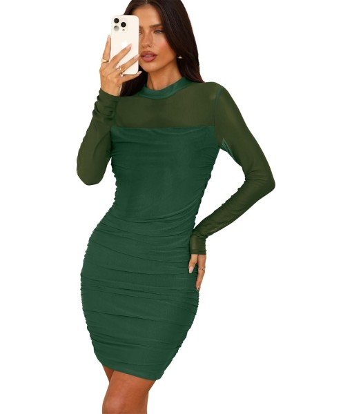 WIHOLL Women's Mesh Sheer Long Sleeve Ruched Mini Dress Sexy Bodycon Mock Neck Cocktail Party Club Dresses 2025