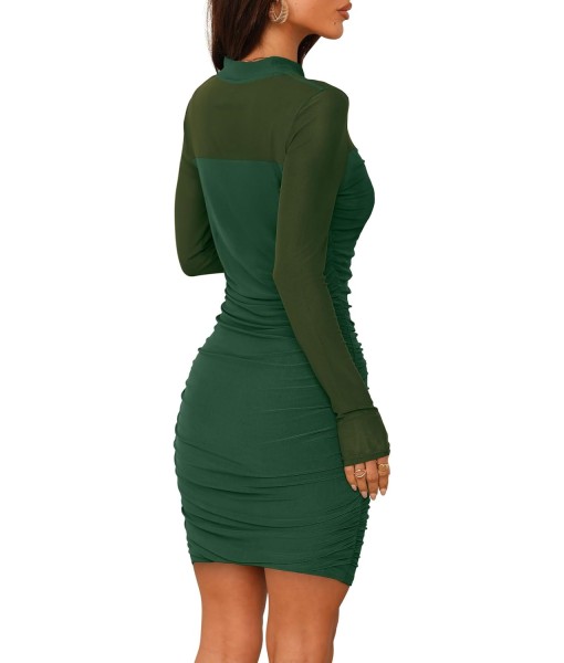 WIHOLL Women's Mesh Sheer Long Sleeve Ruched Mini Dress Sexy Bodycon Mock Neck Cocktail Party Club Dresses 2025