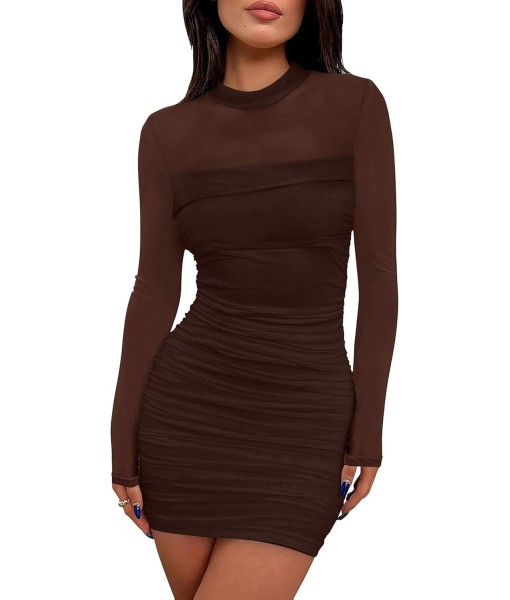 WIHOLL Women's Mesh Sheer Long Sleeve Ruched Mini Dress Sexy Bodycon Mock Neck Cocktail Party Club Dresses 2025