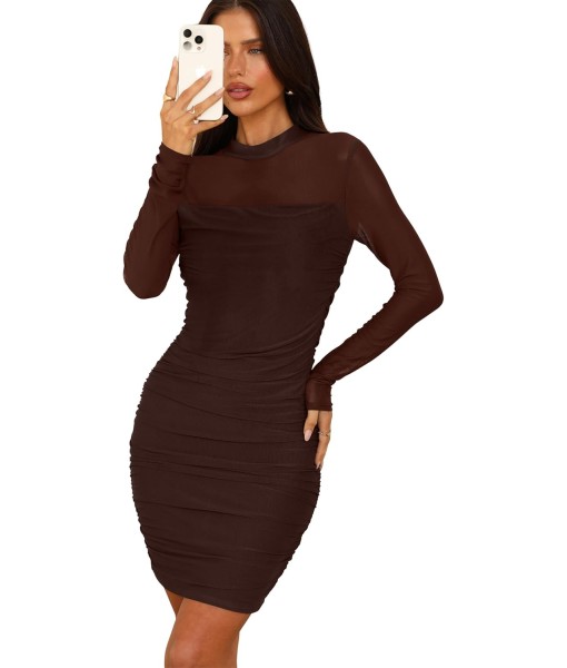 WIHOLL Women's Mesh Sheer Long Sleeve Ruched Mini Dress Sexy Bodycon Mock Neck Cocktail Party Club Dresses 2025