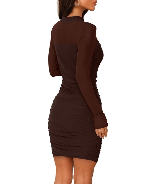 WIHOLL Women's Mesh Sheer Long Sleeve Ruched Mini Dress Sexy Bodycon Mock Neck Cocktail Party Club Dresses 2025