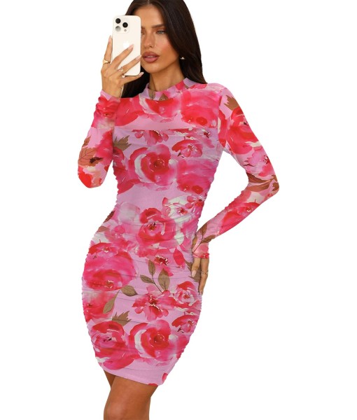 WIHOLL Women's Mesh Sheer Long Sleeve Ruched Mini Dress Sexy Bodycon Mock Neck Cocktail Party Club Dresses 2025