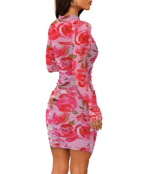 WIHOLL Women's Mesh Sheer Long Sleeve Ruched Mini Dress Sexy Bodycon Mock Neck Cocktail Party Club Dresses 2025