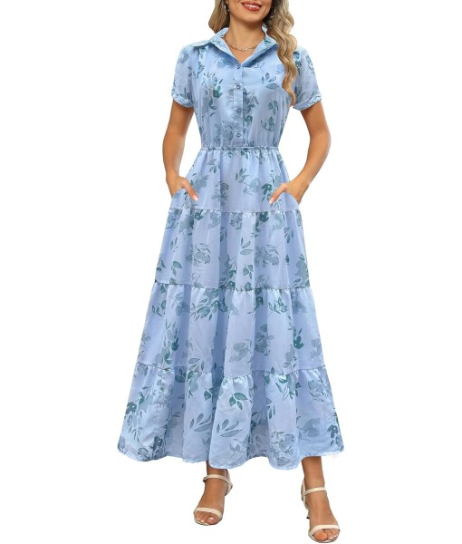 Kranda Women 2025 Summer Fall Collared V Neck Short Sleeve Button Down Chiffon Long Tiered Floral Maxi Dress with Pockets