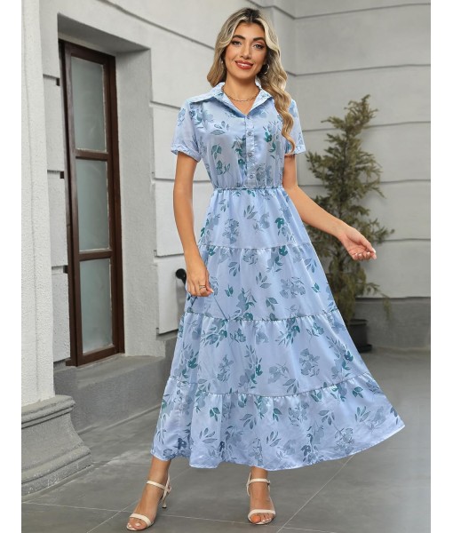 Kranda Women 2025 Summer Fall Collared V Neck Short Sleeve Button Down Chiffon Long Tiered Floral Maxi Dress with Pockets