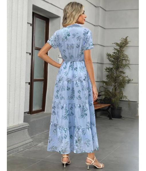 Kranda Women 2025 Summer Fall Collared V Neck Short Sleeve Button Down Chiffon Long Tiered Floral Maxi Dress with Pockets
