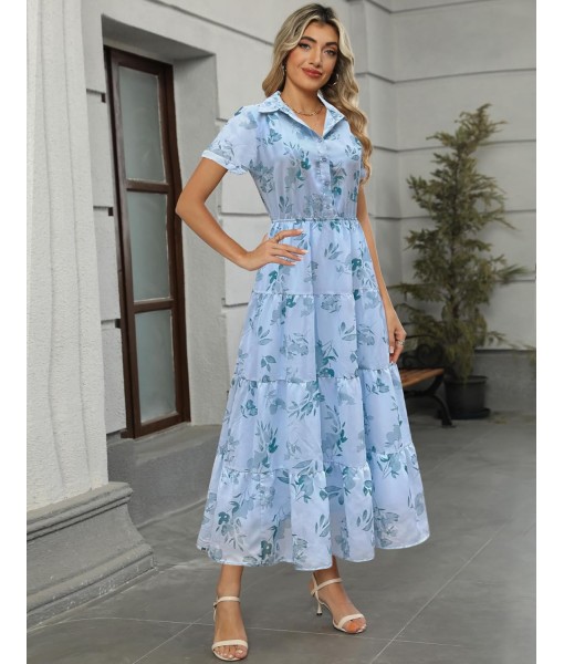 Kranda Women 2025 Summer Fall Collared V Neck Short Sleeve Button Down Chiffon Long Tiered Floral Maxi Dress with Pockets