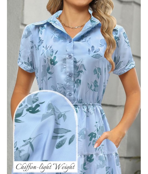Kranda Women 2025 Summer Fall Collared V Neck Short Sleeve Button Down Chiffon Long Tiered Floral Maxi Dress with Pockets