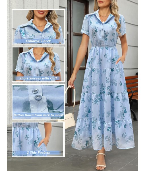 Kranda Women 2025 Summer Fall Collared V Neck Short Sleeve Button Down Chiffon Long Tiered Floral Maxi Dress with Pockets