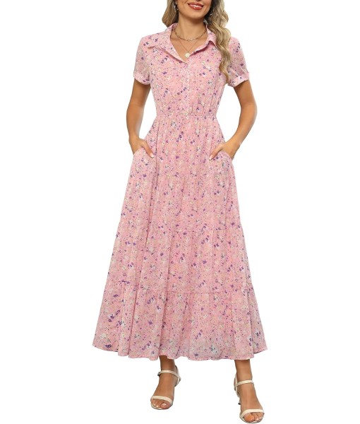 Kranda Women 2025 Summer Fall Collared V Neck Short Sleeve Button Down Chiffon Long Tiered Floral Maxi Dress with Pockets