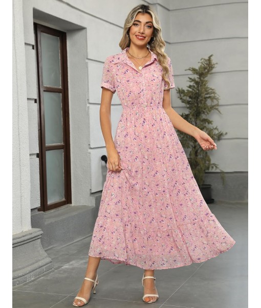 Kranda Women 2025 Summer Fall Collared V Neck Short Sleeve Button Down Chiffon Long Tiered Floral Maxi Dress with Pockets