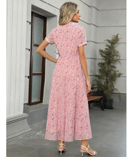 Kranda Women 2025 Summer Fall Collared V Neck Short Sleeve Button Down Chiffon Long Tiered Floral Maxi Dress with Pockets