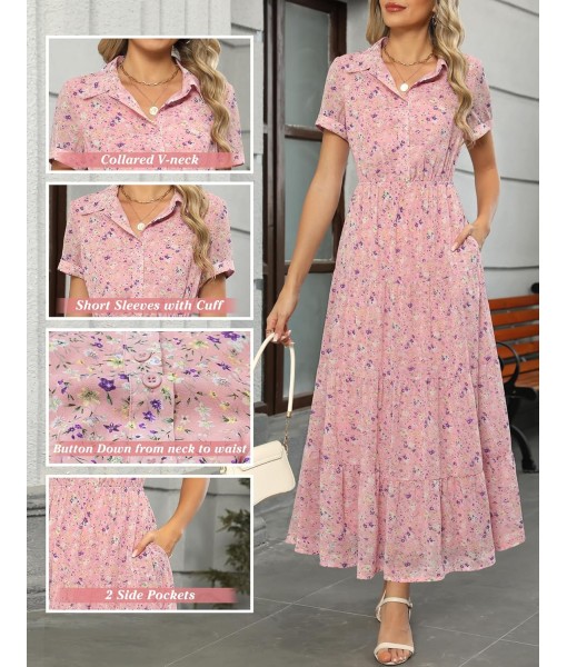 Kranda Women 2025 Summer Fall Collared V Neck Short Sleeve Button Down Chiffon Long Tiered Floral Maxi Dress with Pockets
