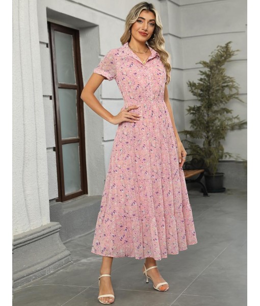Kranda Women 2025 Summer Fall Collared V Neck Short Sleeve Button Down Chiffon Long Tiered Floral Maxi Dress with Pockets
