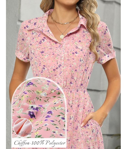 Kranda Women 2025 Summer Fall Collared V Neck Short Sleeve Button Down Chiffon Long Tiered Floral Maxi Dress with Pockets
