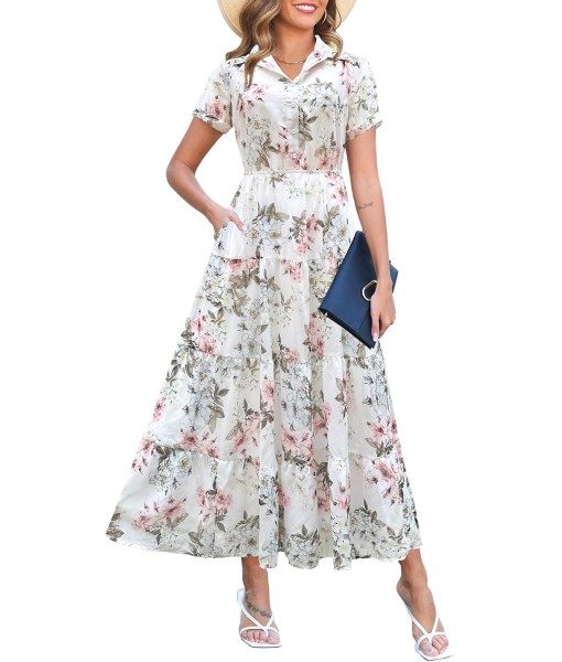 Kranda Women 2025 Summer Fall Collared V Neck Short Sleeve Button Down Chiffon Long Tiered Floral Maxi Dress with Pockets