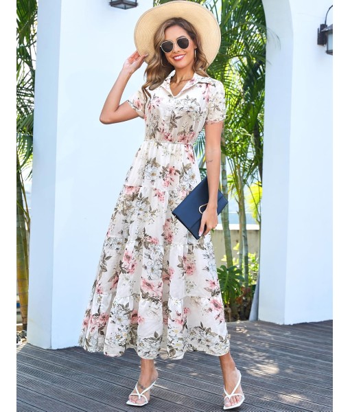 Kranda Women 2025 Summer Fall Collared V Neck Short Sleeve Button Down Chiffon Long Tiered Floral Maxi Dress with Pockets