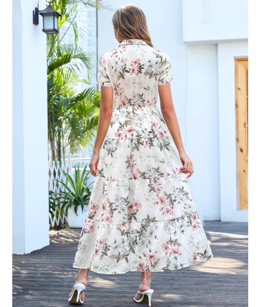 Kranda Women 2025 Summer Fall Collared V Neck Short Sleeve Button Down Chiffon Long Tiered Floral Maxi Dress with Pockets