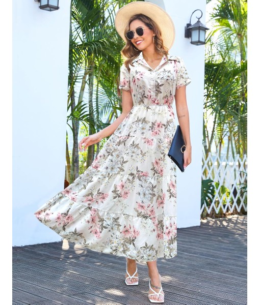 Kranda Women 2025 Summer Fall Collared V Neck Short Sleeve Button Down Chiffon Long Tiered Floral Maxi Dress with Pockets