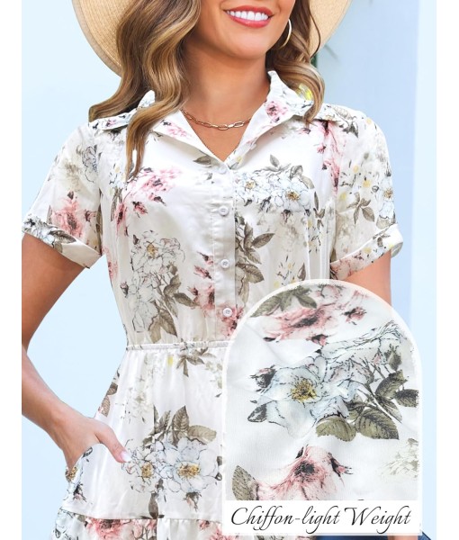 Kranda Women 2025 Summer Fall Collared V Neck Short Sleeve Button Down Chiffon Long Tiered Floral Maxi Dress with Pockets