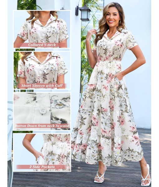 Kranda Women 2025 Summer Fall Collared V Neck Short Sleeve Button Down Chiffon Long Tiered Floral Maxi Dress with Pockets