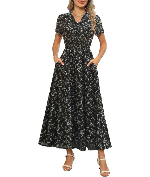 Kranda Women 2025 Summer Fall Collared V Neck Short Sleeve Button Down Chiffon Long Tiered Floral Maxi Dress with Pockets